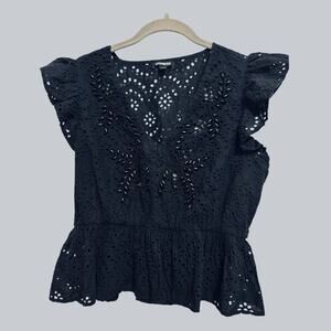 Express Beaded Black Eyelet Ruffle Sleeves Top Whimsigoth Festival Gypsy Size M